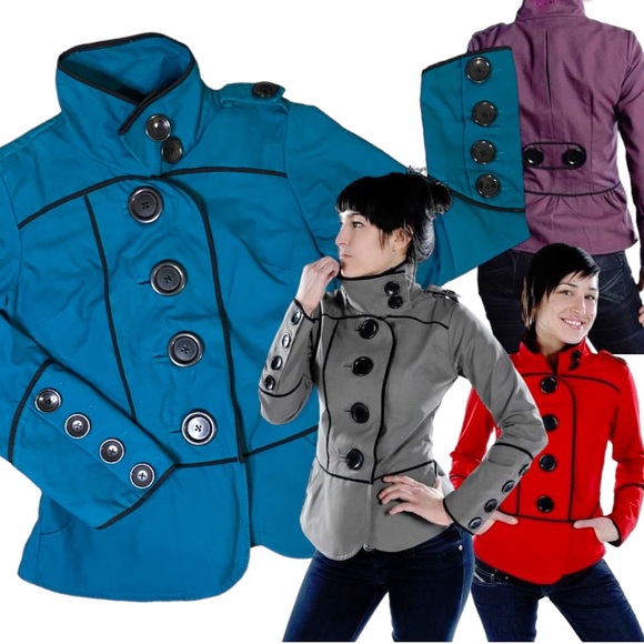 Cute fitted Schwiing Teal Blazer Big Buttons Cuffs Pea Coat Small - Picture 1 of 10